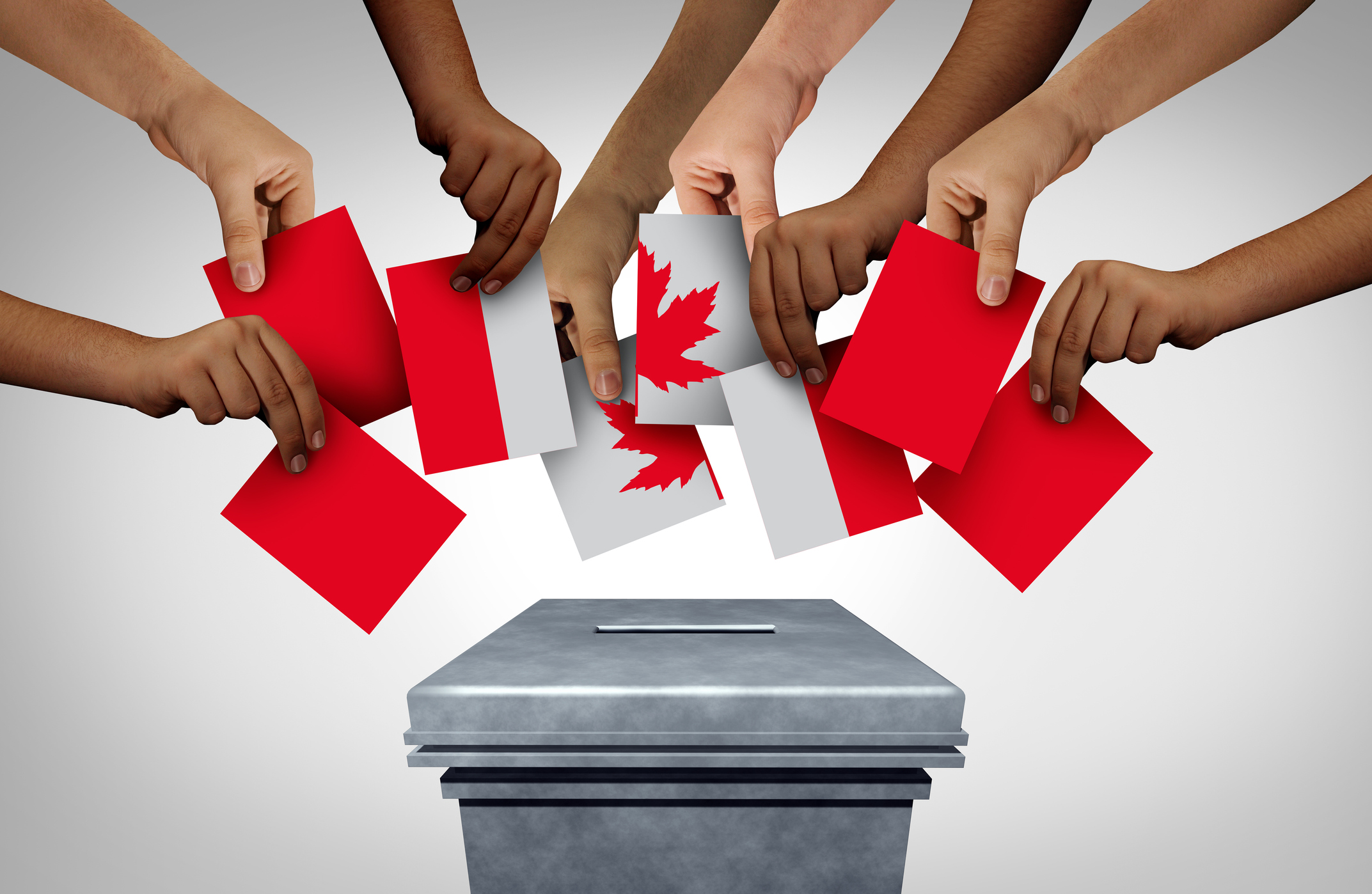 Canadian vote vote and Canada voting concept casting ballots at a polling station as the democratic election for Canadians with 3D illustration elements. (Canadian vote vote and Canada voting concept casting ballots at a polling station as the democra